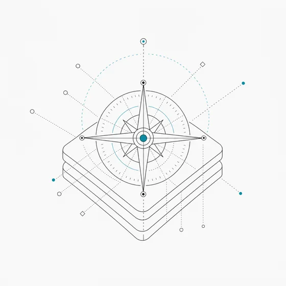 Line illustration of a compass rose above a stack of layered cards