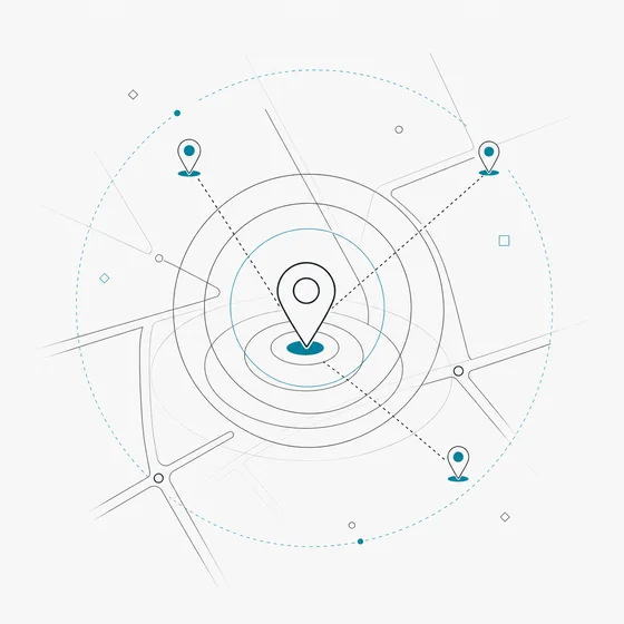 Line illustration of a map pin at the centre of radar rings over a street grid