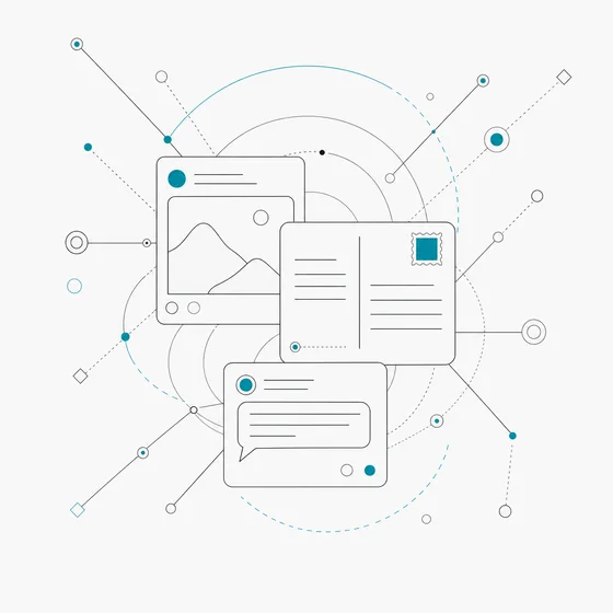 Line illustration of overlapping social posts sending engagement signals outward